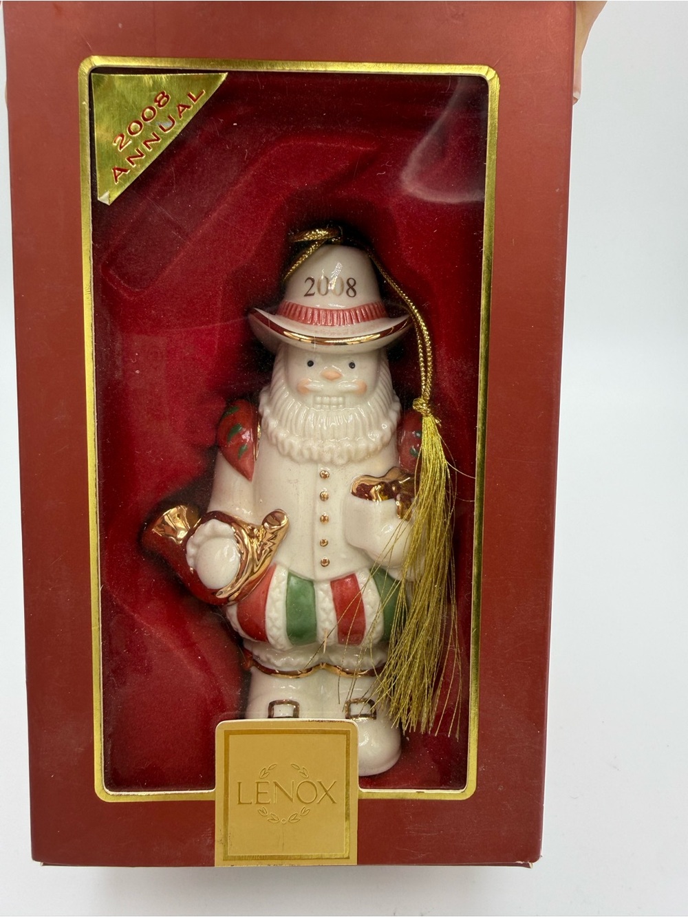 Lenox White, Red & Green 2008 Annual Santa Ornament with Gold Trim